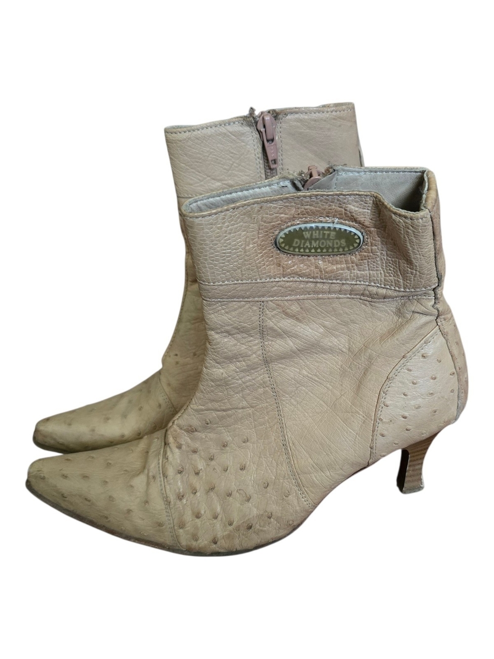 White Diamonds Ostrich Leather Heeled Western Ankle Boots Size 6